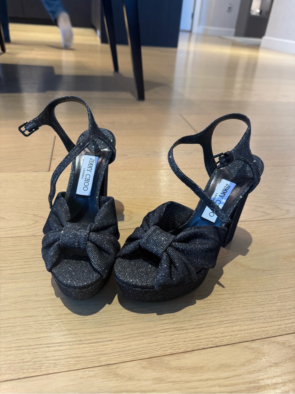 Jimmy Choo Black Glitter Bow Platform Heels